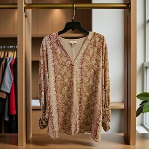 Entro Beige and Brown Patterned Flowy Blouse Sz 1X